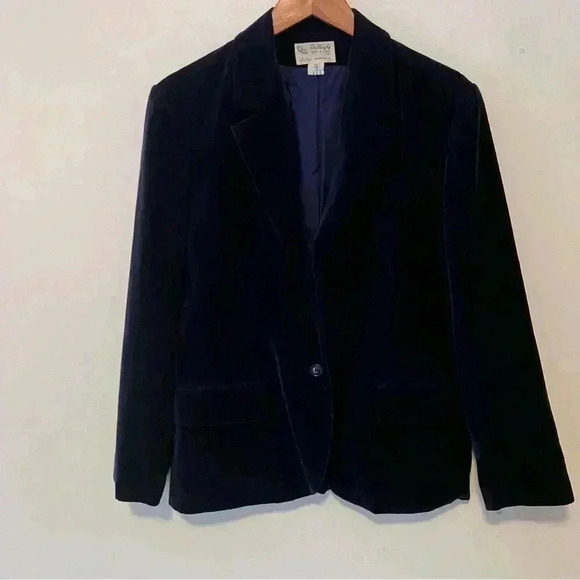 VTG Navy Velvet Women's Blazer 14 BUTTERFLY PRESTIGE Puff Sleeve Preppy College - Picture 1 of 11